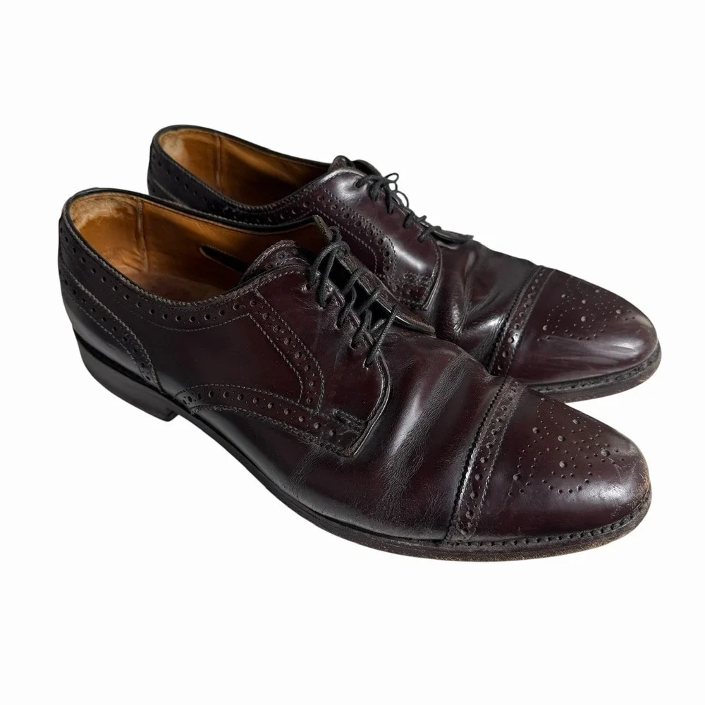 Allen Edmonds Sanford 10.5 B Burgundy Leather Cap Toe Brogue Dress Shoes USA